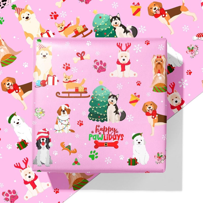 Cuitpan Pink Dog Christmas Wrapping Paper - Xmas Gift Wrap with Christmas Trees, Dog Breeds, Paw Prints & Snowflakes Design- Perfect for Kids & Adults Gift Wrapping - 40×28 Inches, 4 Folded Sheets - Image 1